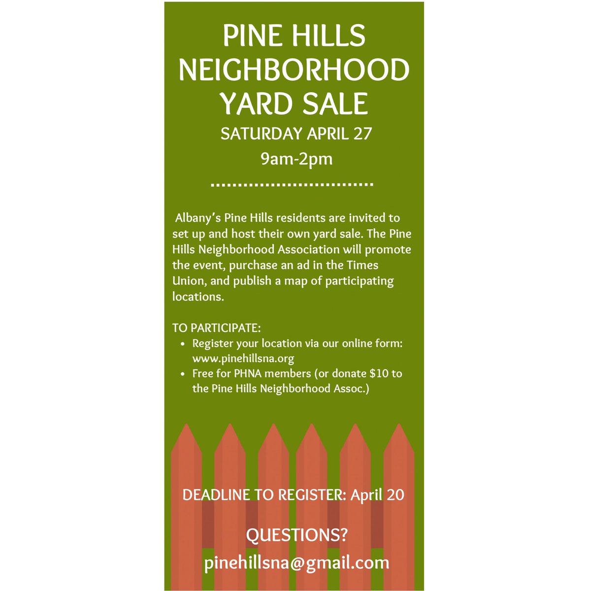 Clear out your clutter and join us at the Pine Hills Neighborhood Yard Sale on Saturday, April 27 from 9am-2pm! 🏡🛍️ Register your yard sale location in the link below and let's make this community event a success together! #PineHillsYardSale

docs.google.com/forms/d/e/1FAI…