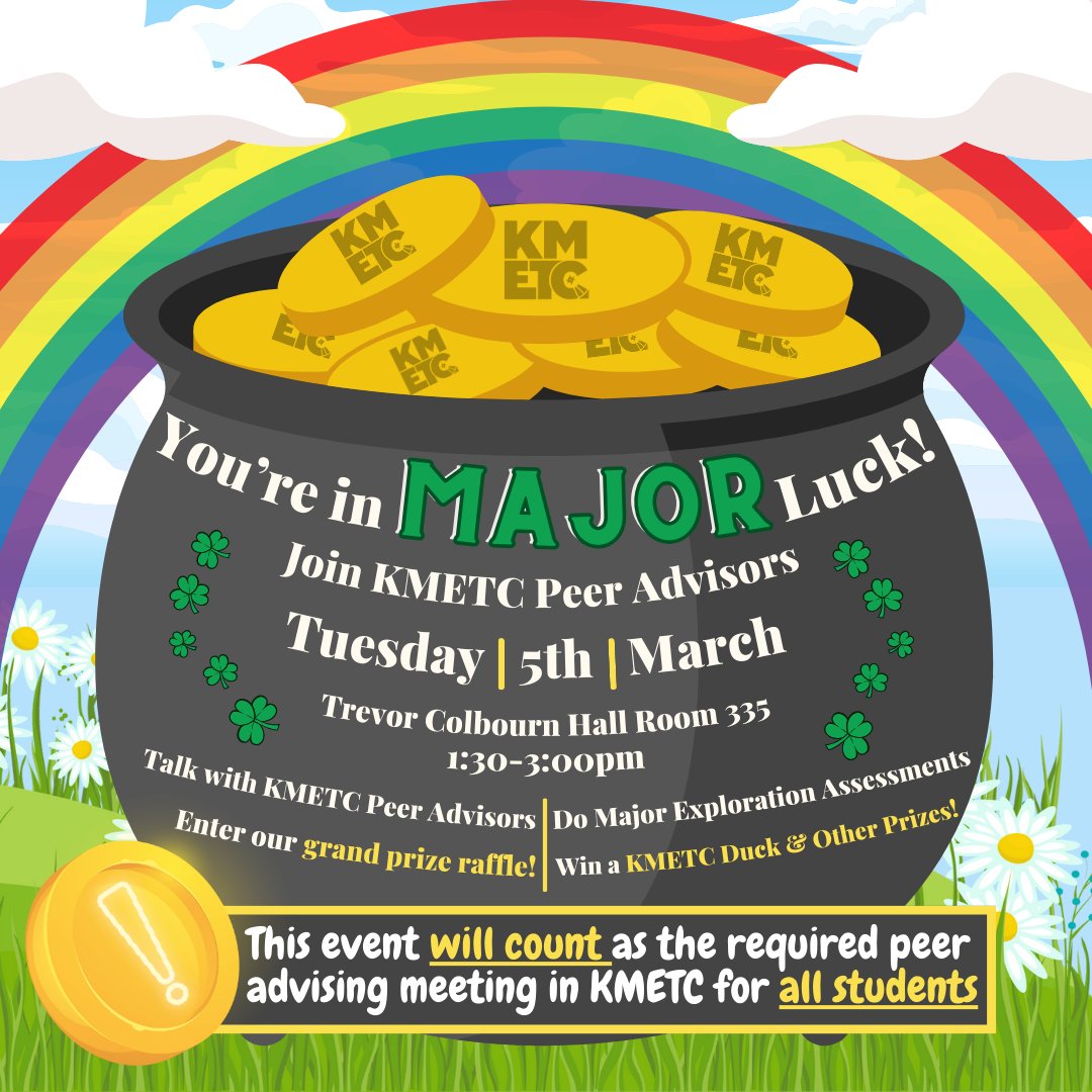 You're in MAJOR Luck! Join us on Tuesday, March 5th from 1:30pm-3:00pm to take major exploration assessments, talk with KMETC Peers, and win KMETC Prizes.

**Note: This event will count as the peer advising requirement for ALL students