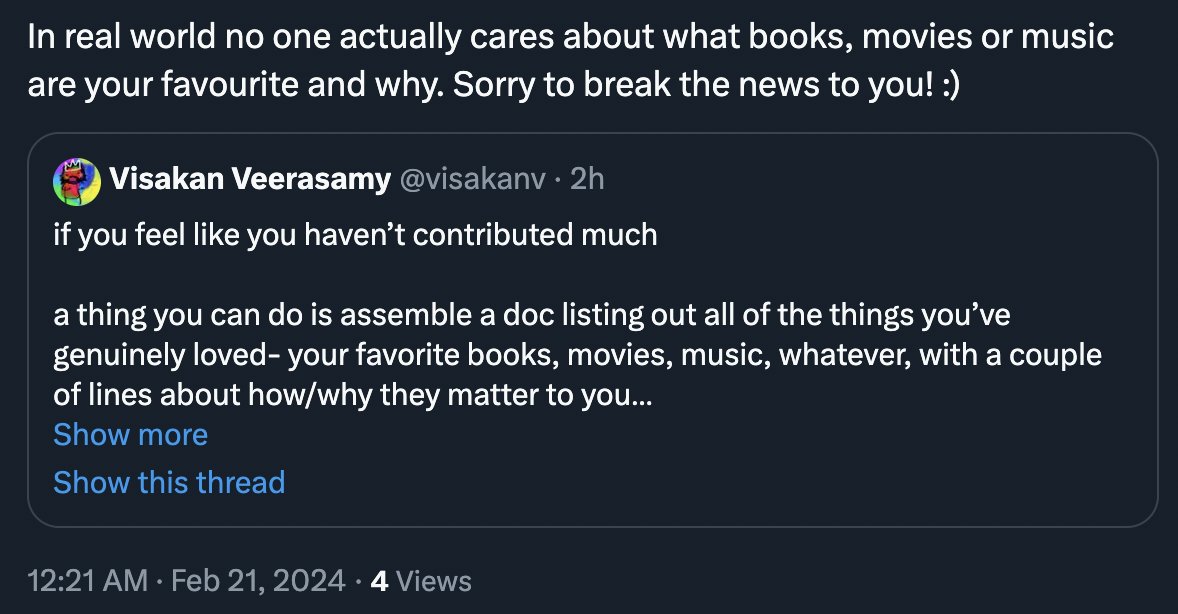 visakanv's tweet photo. people who use the phrase "in the real world" are pretty much always talking about their limited concept and experience of reality rather than the actual real world, which is incomprehensibly massive, complex, and full of exceptions to every rule, and markets for everything https://t.co/KCkeWIZDZA