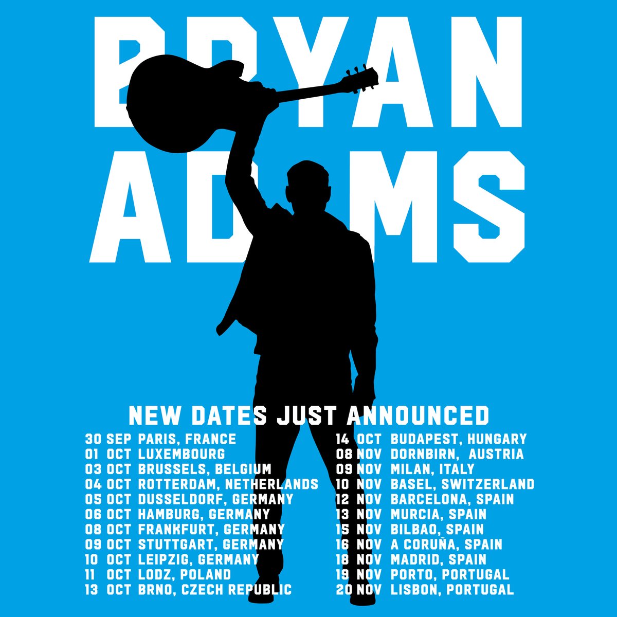 More dates! The international leg of the #sohappyithurts tour continues on September 30th in Paris, France 🇫🇷 Tickets available at bryanadams.com/tours