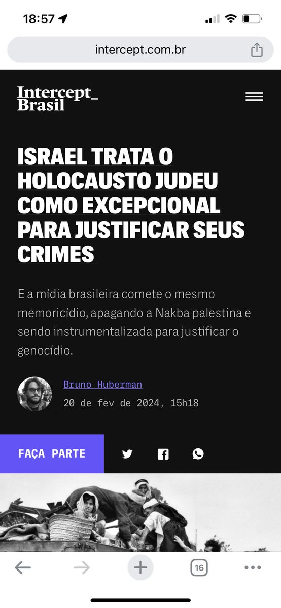 Bruno Huberman (@brunohuberman) on Twitter photo Texto meu pro <a href="/TheInterceptBr/">Intercept Brasil</a> : ISRAEL TRATA O HOLOCAUSTO JUDEU COMO EXCEPCIONAL PARA JUSTIFICAR SEUS CRIMES
“O apagamento da Nakba é complementar à excepcionalização do Holocausto judeu.”
Link abaixo: Texto meu pro <a href="/TheInterceptBr/">Intercept Brasil</a> : ISRAEL TRATA O HOLOCAUSTO JUDEU COMO EXCEPCIONAL PARA JUSTIFICAR SEUS CRIMES
“O apagamento da Nakba é complementar à excepcionalização do Holocausto judeu.”
Link abaixo: