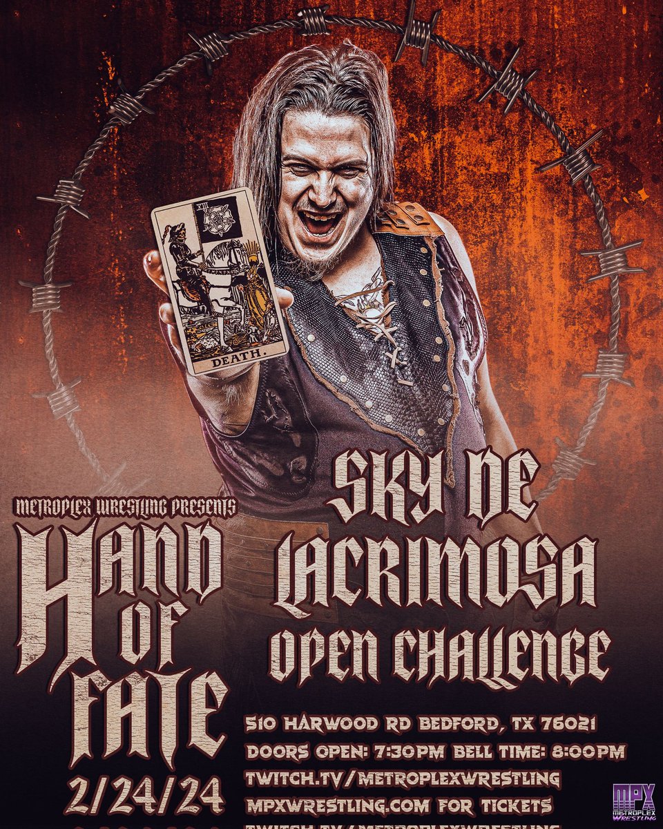 Metroplex Wrestling (@mpxwrestling) on Twitter photo As <a href="/MPXWrestling/">Metroplex Wrestling</a> presents The Hand of Fate
<a href="/skydelacrimosa/">Sky de Lacrimosa</a> continues his campaign of Open Challenges!
Who will answer?
How will they fare?
Be there to find out!
🎟 @ mpxwrestling.com
#MPX #wrestling #wwe #aew #dallas #fortworth #event #twitch #YouTube #tiktok #live #new As <a href="/MPXWrestling/">Metroplex Wrestling</a> presents The Hand of Fate
<a href="/skydelacrimosa/">Sky de Lacrimosa</a> continues his campaign of Open Challenges!
Who will answer?
How will they fare?
Be there to find out!
🎟 @ mpxwrestling.com
#MPX #wrestling #wwe #aew #dallas #fortworth #event #twitch #YouTube #tiktok #live #new