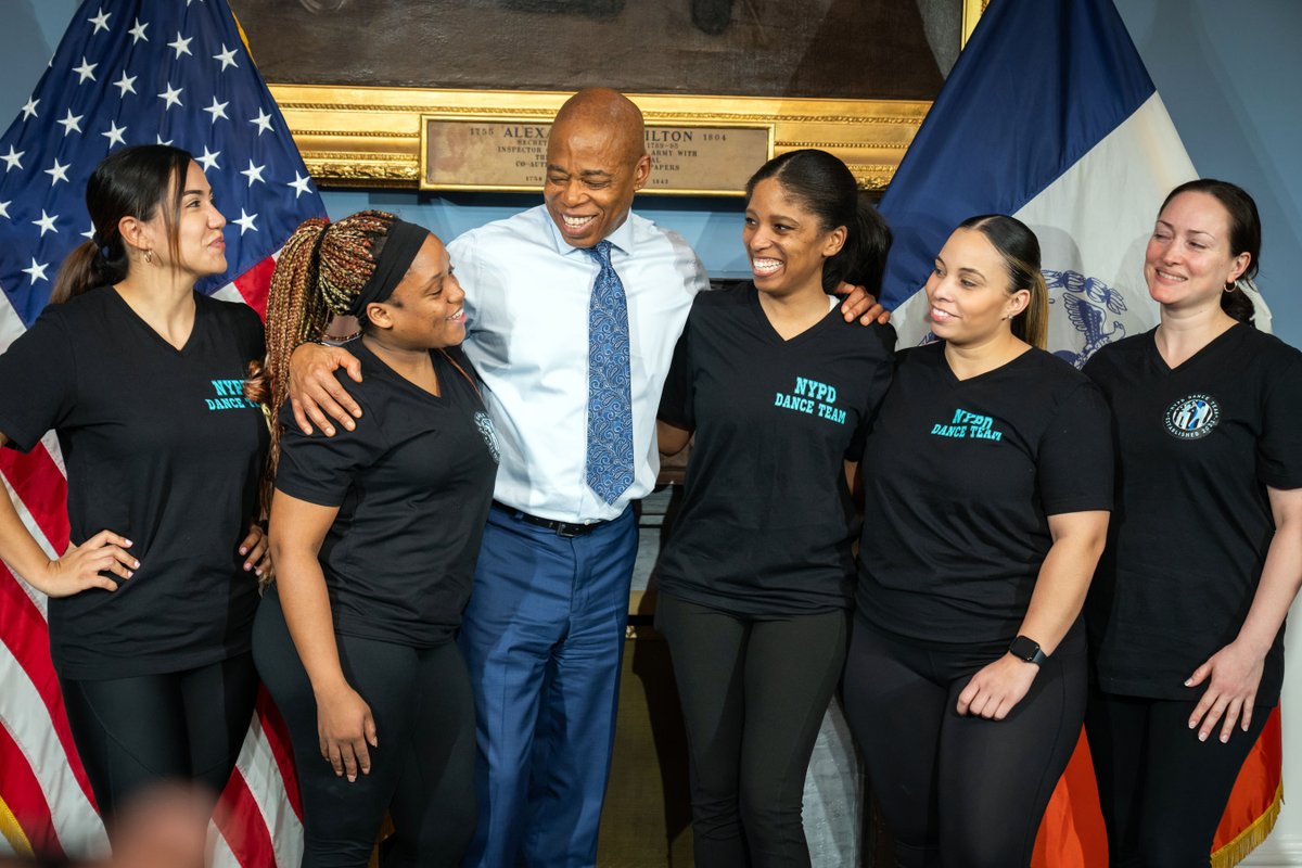 NYCMayor's tweet photo. This team SERVES and protects! Honored to join the NYPD Dance team at City Hall. 

I think it's so important that our women and men in uniform have outlets like this to express themselves and bond. They work hard on the clock and dance hard off the clock — like true New Yorkers. https://t.co/2ZZ8DG7Aq2