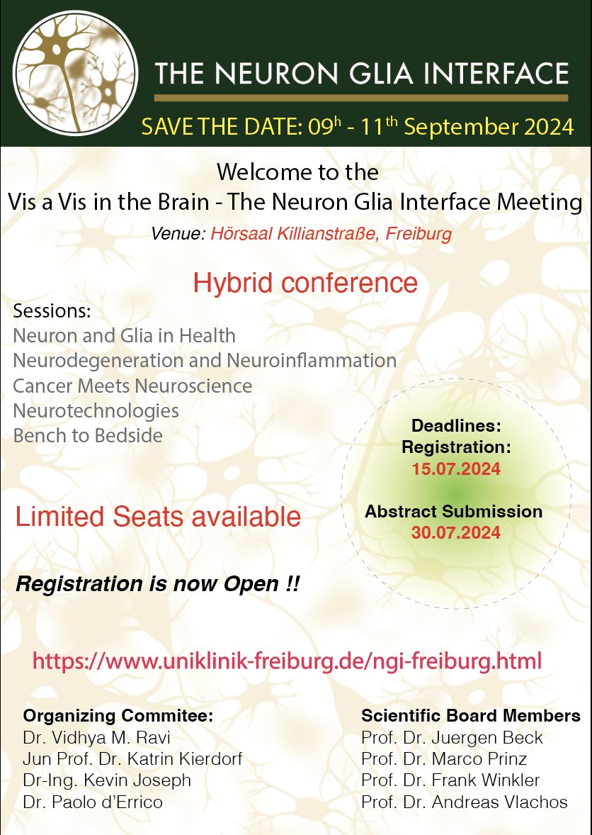 Registration is officially OPEN ! Save the dates: September 9th-11th, 2024. Limited seats, secure your spot now at The Neuron-Glia Interface | Universitätsklinikum Freiburg (uniklinik-freiburg.de), and please retweet! @Vidhya1227 @KierdorfLab @kevinj03 @VlachosLab @Winkler_Lab