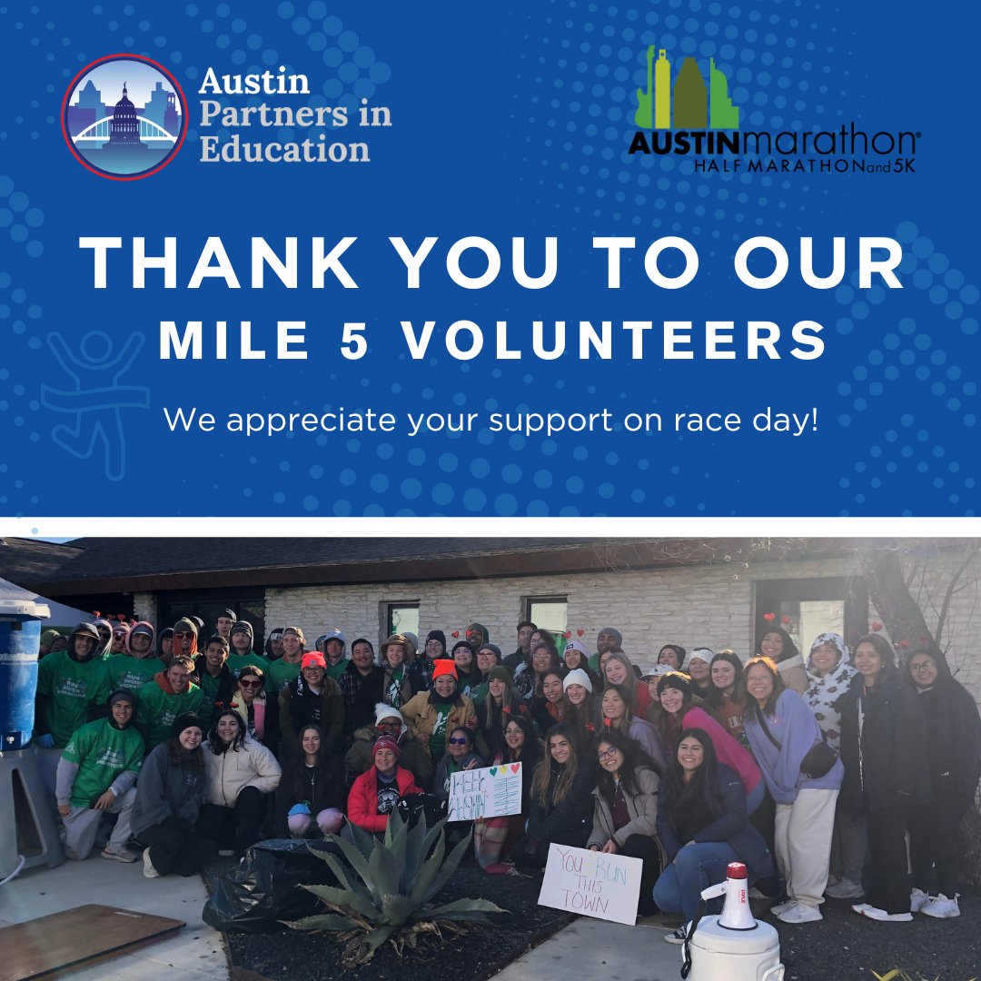 TY to all of the volunteers who joined us at Mile 5 of the @austinmarathon on Sunday! Our crew included groups from @aplusfcu, University of Texas Lacrosse, Texas Men's Volleyball Club, @txhosa, @texaslhpo, Kappa Rho, & @AustinYC. Grateful for the support & energy you brought!