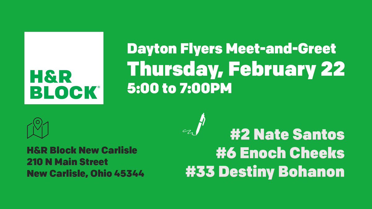 👉 RSVP here: bit.ly/HRB2024 👈 and come see me at a local @HRBlock franchise office THIS THURSDAY (Feb 22) @n_santos33, @DesBo_33, and I will be in New Carlisle while my @daytonmbb teammates will be at other locations. See you there! #dayton6th