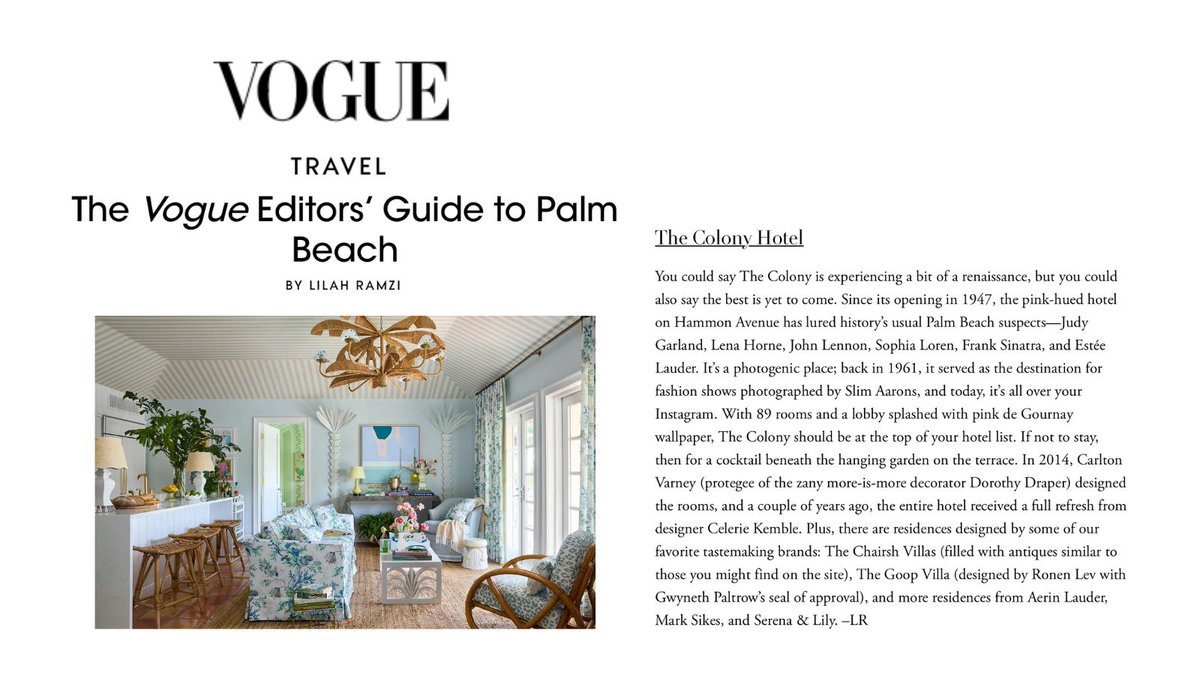 The #Chairish Villa @thecolonypalmbeach was featured on <a href="/voguemagazine/">Vogue Magazine</a>! 🌴🌸

social.chairish.com/celebrating-th…