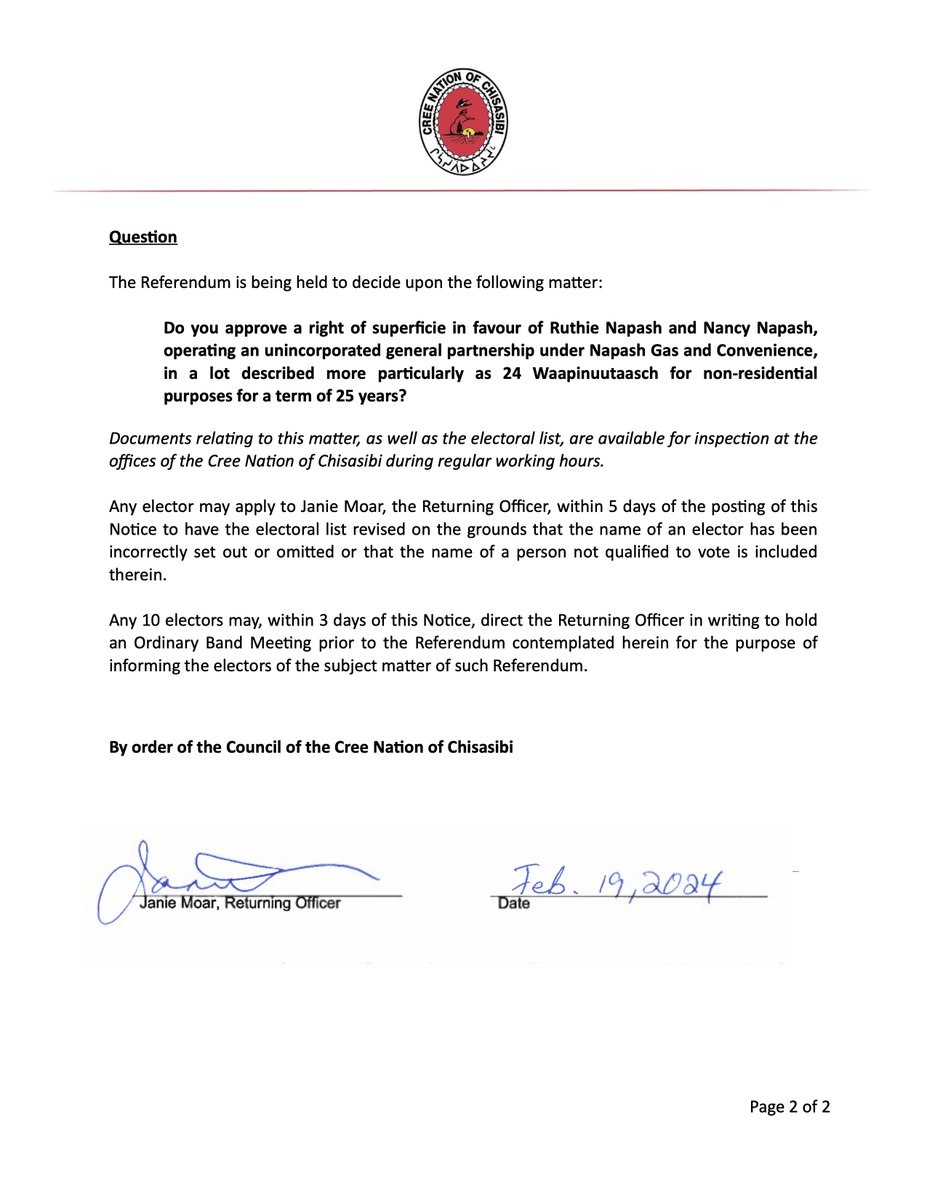 NOTICE OF REFERENDUM🗳️ 📌Dates: February 23, 2024 to February 29, 2024 📌Time: From 10 am to 6 pm each day 📌Place: Commercial Centre common area 📌Purpose: Approval of a right of superficie for non-residential purposes for 25 years