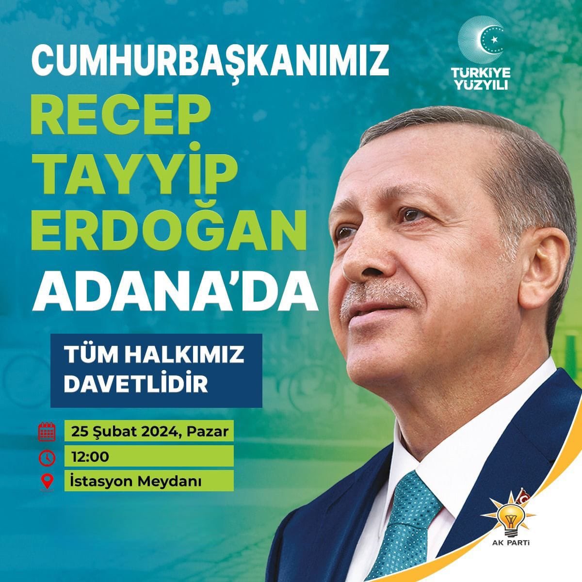 Adana Hazır! Liderini Bekliyor 🇹🇷 Cumhurbaşkanımız Recep Tayyip Erdoğan’ın teşrifleriyle İstasyon Meydanı’nda gerçekleşecek programa tüm hemşehrilerimizi bekliyoruz. 📆 25 Şubat 2024 Pazar ⏰ 12:00 📍 İstasyon Meydanı #AdanaHazır