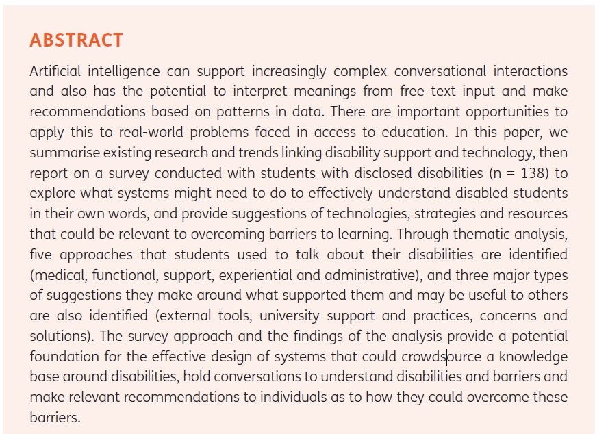 Just published! findings for effective systems design with 138 students with disclosed disabilities for our #OpenAccess <a href="/JIME_journal/">JIME editorial team</a> paper "Analysing #Disability Descriptions and Student Suggestions as a Foundation to Overcome #BarrierstoLearning" @t1mc jime.open.ac.uk/articles/10.53…