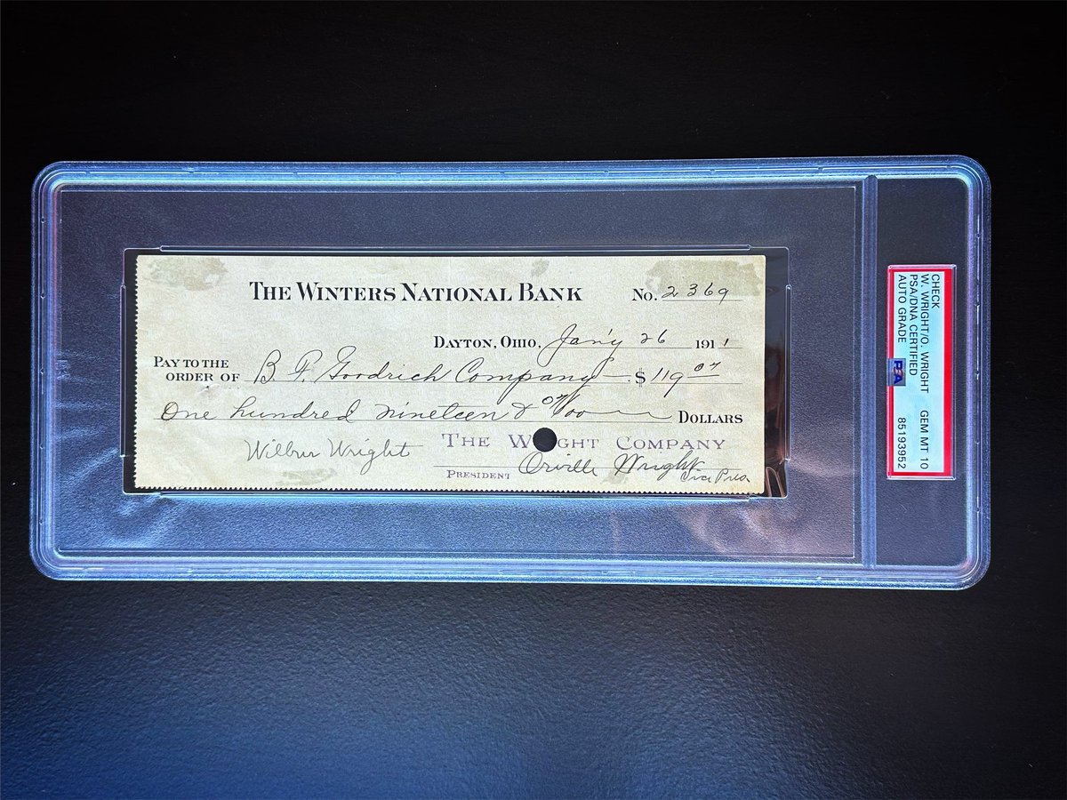 Feels like an honor to have this one in the collection. One of the few, and finest known check signed by Wilbur and Orville Wright. This check buys specially designed tires from rubber makers B.F. Goodrich for the Model B flyer. Wilbur passed young, making this a true rarity.