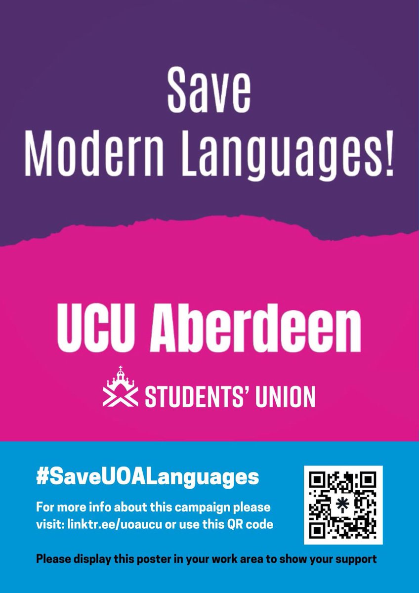 Join our #SaveUoALanguages public rally on Monday for one last show of solidarity before the University Court meets on Wednesday.

Organised by @aberdeen_ucu in conjunction with us at @ausatweet 

📍NK1, New Kings
⏰ Monday 26th, 17:30