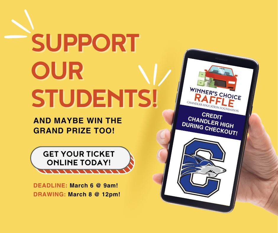 ⏰ Only 2 weeks left to get your tickets for the #CEFRaffle2024! Invest in our students' futures with just $20 online at: bit.ly/3H2jyih Who knows? You could drive away with a new car 🚗 or $20,000 cash! 💸Be sure to credit Chandler High during checkout. Thank you!