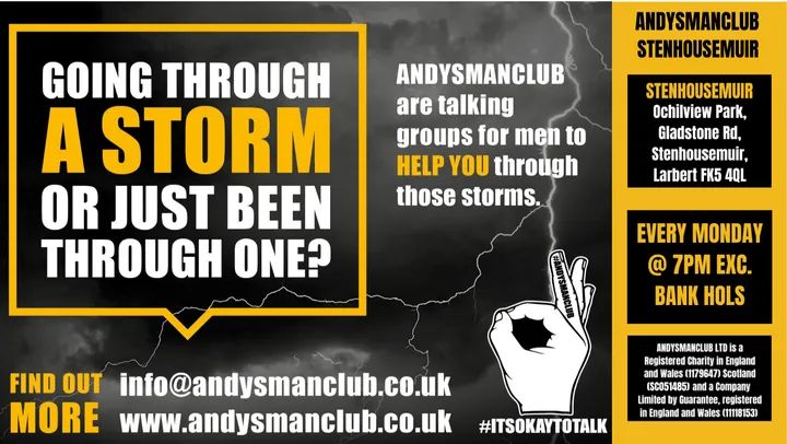 If you're in #CentralScotland and know a man who may be struggling, feel free to direct him to #AndysMansClub in Stenhousemuir - a group  of blokes gathering each #Monday to chat about concerns over a friendly cuppa (except Bank Holidays when they arrange a walk).

#ItsOkayToTalk