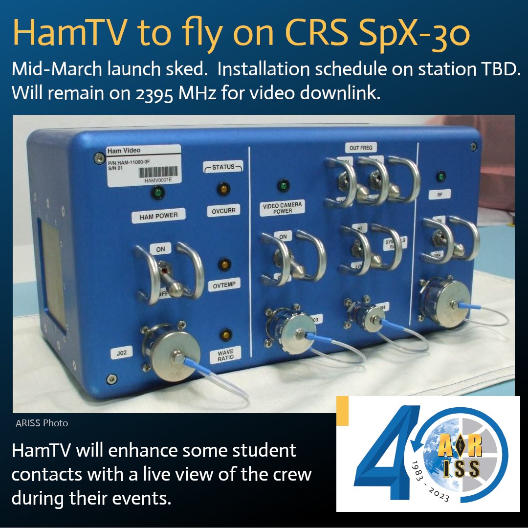 HamTV is go for launch! ARISS engineers in the US and Europe worked hard to deliver all the equipment to NASA at the end of December. Watch for information on ground station configuration and updates as it gets closer to integration on the @Space_Station. #AmateurRadio
