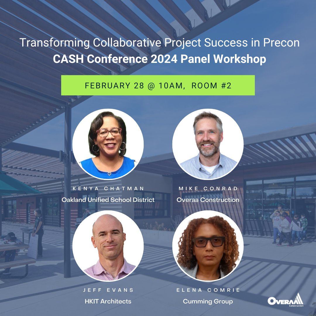OveraaConstruct's tweet image. Join our panel workshop at the 2024 @CASHFacilities Conference at the Sacramento SAFE Credit Union Convention Center and gain a deeper understanding of the value of preconstruction in progressive design-build and lease-leaseback school projects!

@OUSDNews @Cumming_Group #hkit