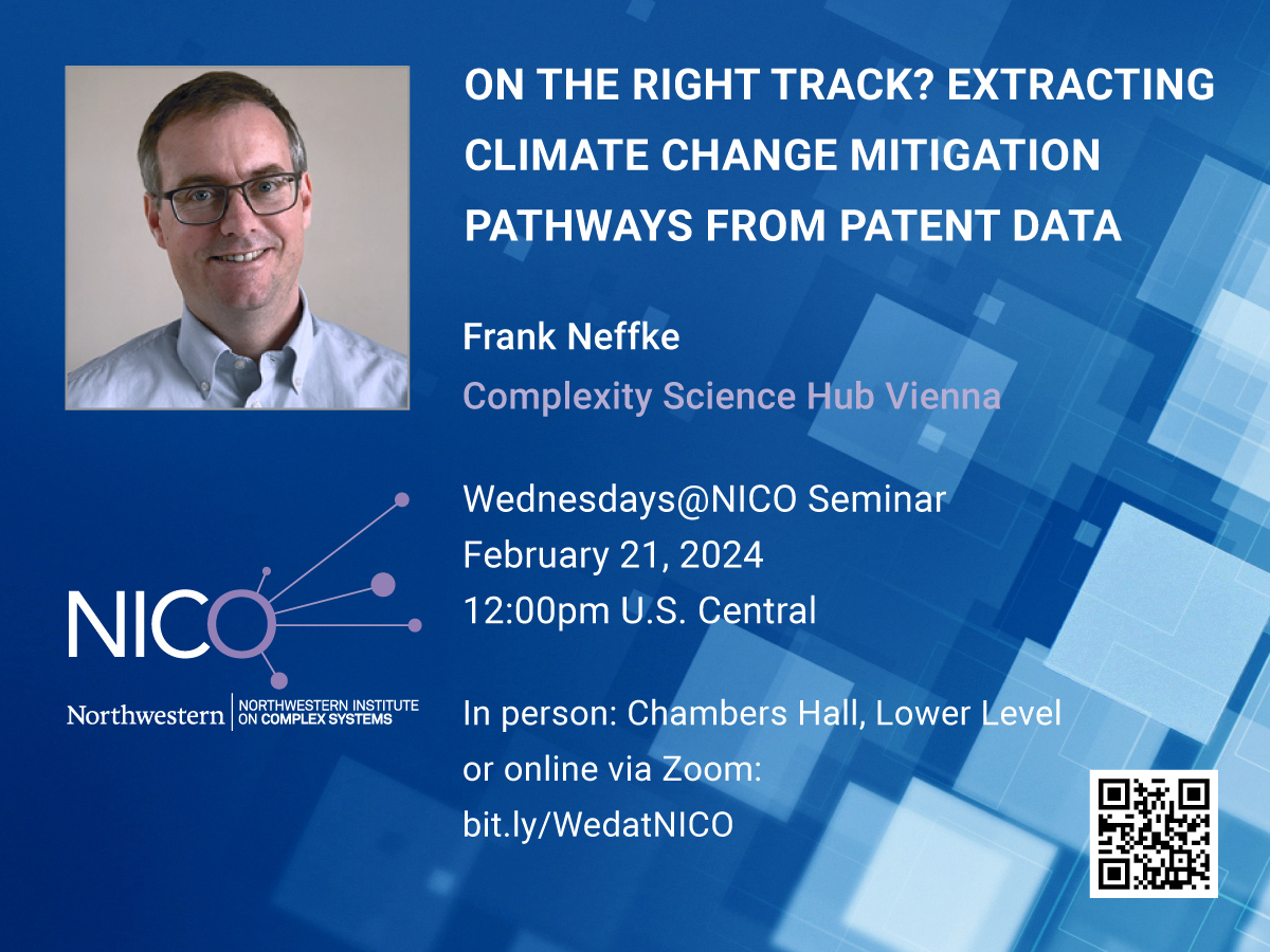 This #WedatNICO, we are thrilled to host Frank Neffke of <a href="/CSHVienna/">Complexity Science Hub</a> to discuss "Extracting Climate Change Mitigation Pathways from Patent Data". Join us in Chambers Hall or hop on via Zoom.

🗓️ Wed 2/21 at 12pm US Central  
🔗 bit.ly/WedatNICO
