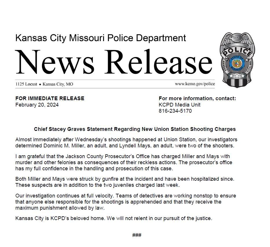 A statement from Chief Stacey Graves regarding new Union Station shooting charges.

kcpd.org/media/news-rel…