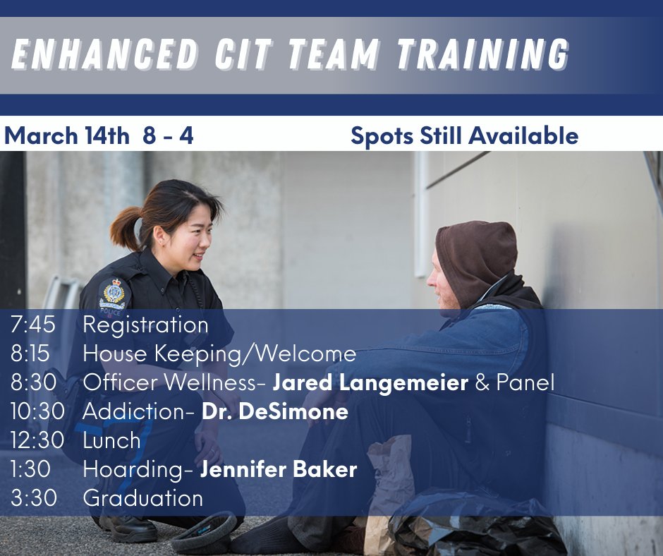 Enhanced Crisis Intervention Team Training on March 14. Space available, if you are interested you can register for free at bit.ly/3u8h5zS 
Basic Crisis Intervention Team Training in April register at bit.ly/494pbZ8 
#CIT #Crisis #Training #LFS