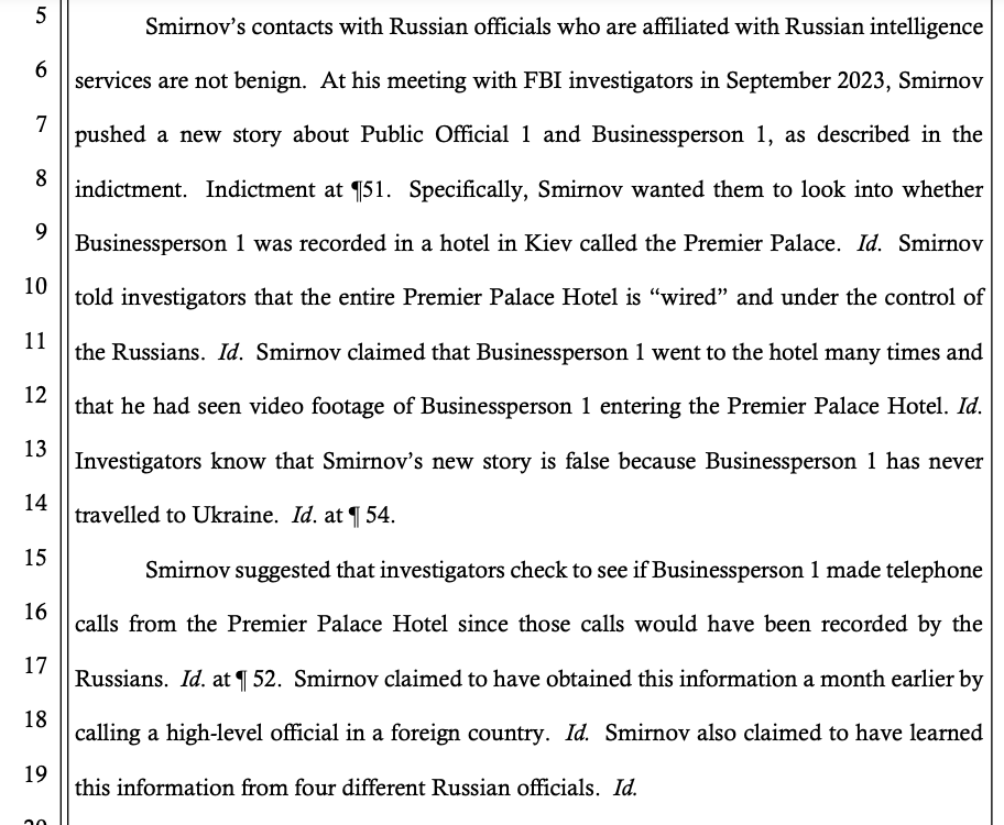 JUST IN: Feds say in a detention memo that Alexander SMIRNOV — charged with fabricating claims that Joe Biden was bribed by Ukrainians — had high-level contacts with Russian intelligence operatives. storage.courtlistener.com/recap/gov.usco…