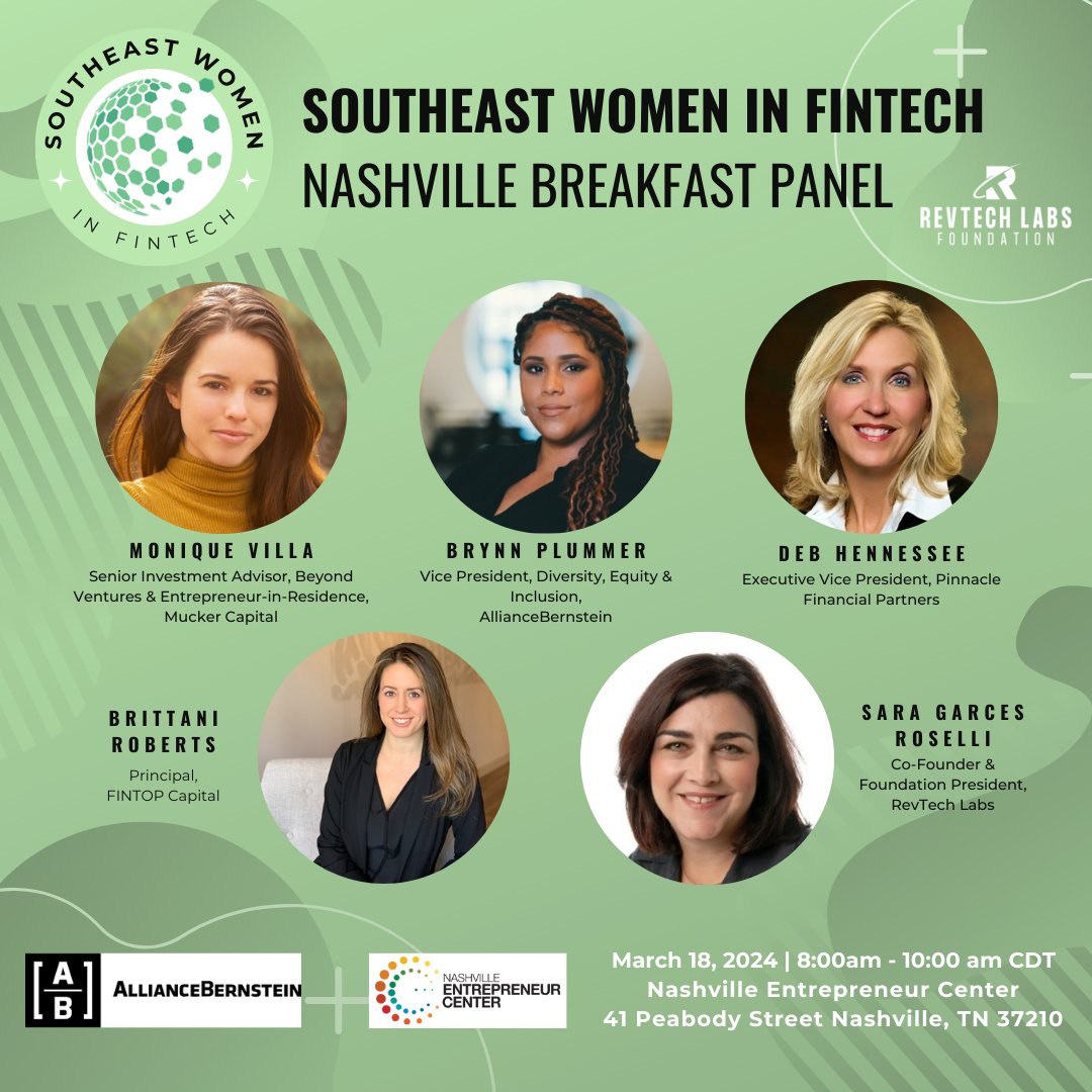 Join us at the @entrecenter in Nashville on March 18 for a Southeast Women in Fintech Breakfast Panel exploring the challenges and opportunities for women in and entering into fintech and finance. 🎟️eventbrite.com/e/se-women-in-… @AB_insights @mucker @fintopcap