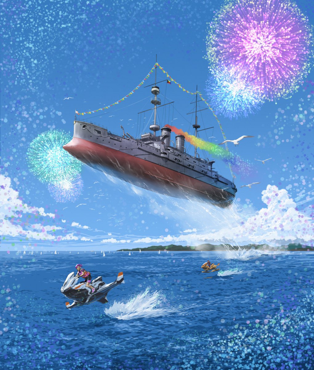 no humans ship warship watercraft military bird fireworks  illustration images