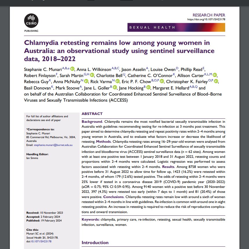 New paper out from #PhD candidate @StephMunari in @sexualhealthj exploring low rates of chlamydia retesting amoung young women in Australia suggesting poor adherance to clinical guidelines: publish.csiro.au/SH/SH23178 @SexHealthUoM @Monash_FMNHS @unimelbMSPGH @AnnaLWil @JHocking01