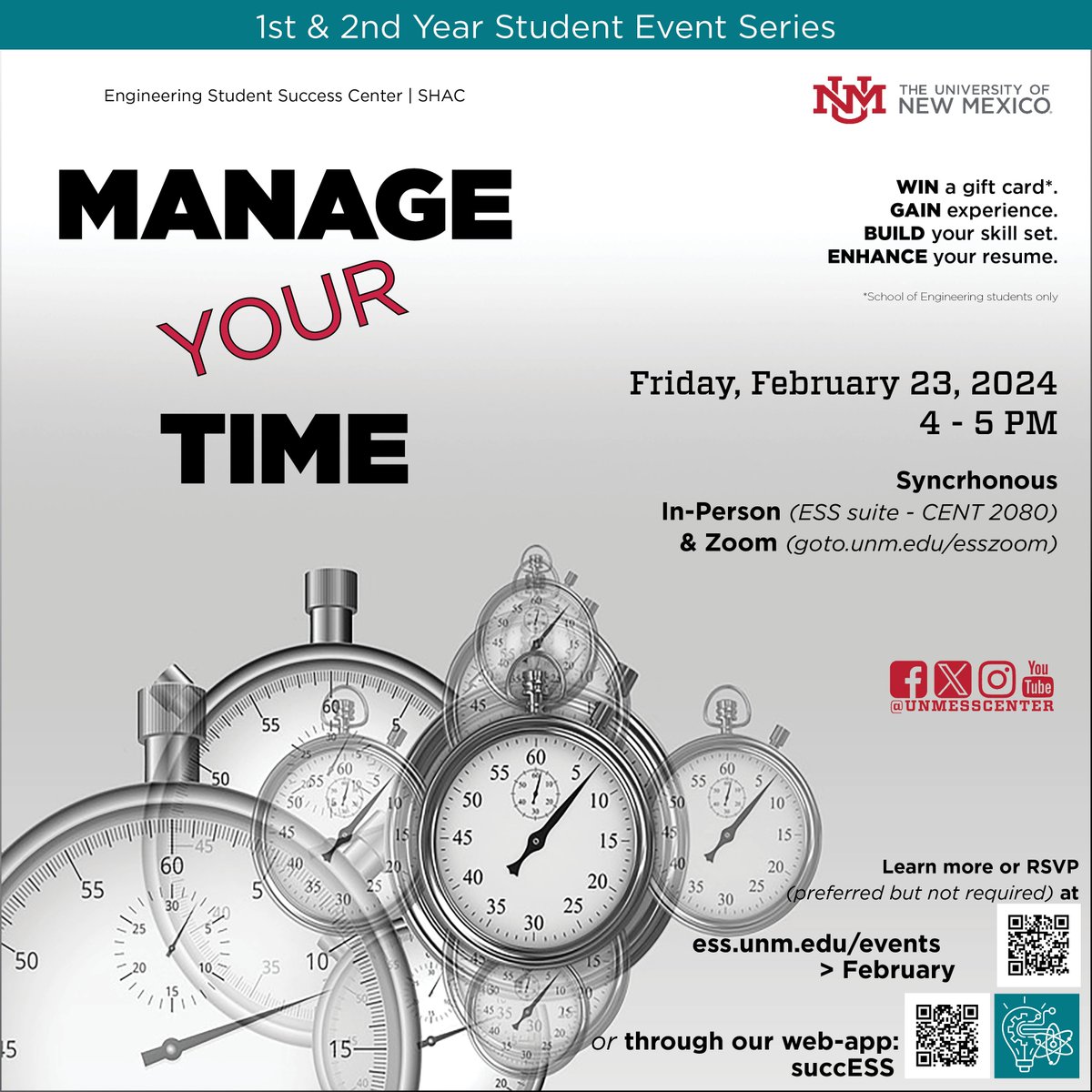 UNMESSCenter's tweet photo. Would you like to learn how to manage your time better? Don't miss out on this great opportunity! This Friday, February 23rd, 2024. 

Where: Synchronous In-Person (ESS Suite - CENT 2080) &amp; Zoom (see flyer for details)

#engineering #managingtime #productivity https://t.co/BsP2AK9fFW