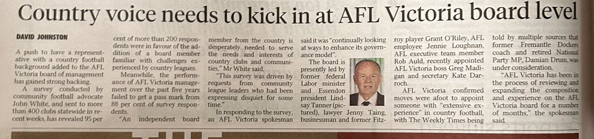 JackieNOONS's tweet photo. Spot on reporting @david_johnston5 👏#WeeklyTimes “Country voice needs to kick in at AFL Victoria board level”👇The landscape has changed dramatically - innovation overhaul required #CountryFootball https://t.co/njBMoelBem