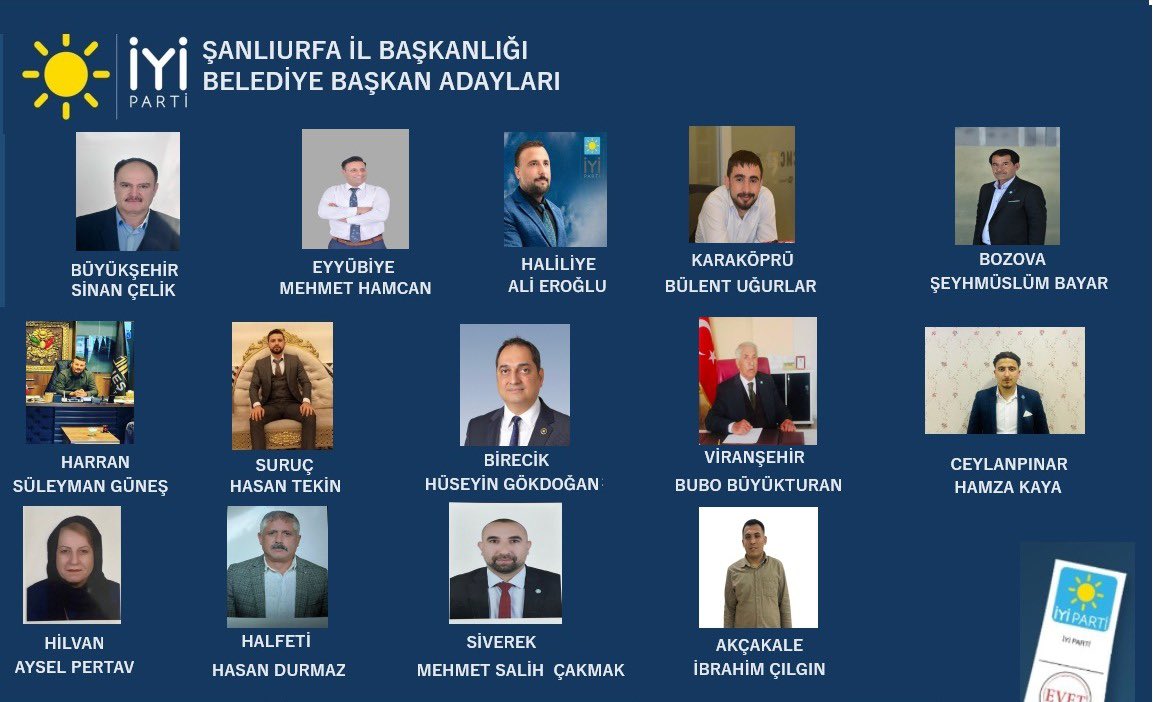 AvAliArusoglu's tweet photo. Şanlıurfamızın İYİ adaylarını kamuoyuna ilan etmenin gururunu yaşıyorum. İşte 31 mart günü Şanlıurfamızın 13 ilçesine güneş gibi doğacak adaylarımız ☀️ 
@iyiparti 
@meral_aksener 
@Akburak 
@yetkinozturk06 
@emin_yetim https://t.co/h4fF3uBalK