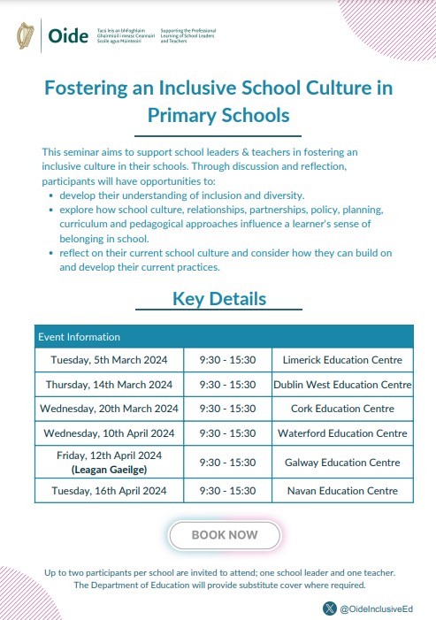 Oide Primary Inclusive Education (@oideinclusiveed) on Twitter photo Registration is now open for our seminar "Fostering an Inclusive Culture in Schools". Please visit Oide.ie to book your school's place. A school leader and one other teacher from each school are invited to attend. <a href="/oide_Ireland/">Oide Schools' Support Service, Ireland</a> Registration is now open for our seminar "Fostering an Inclusive Culture in Schools". Please visit Oide.ie to book your school's place. A school leader and one other teacher from each school are invited to attend. <a href="/oide_Ireland/">Oide Schools' Support Service, Ireland</a>