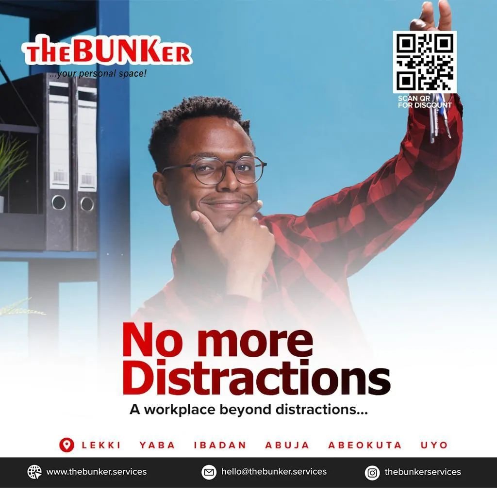 Avoid distraction around you and stay productive daily. Visit theBUNKer Abeokuta and work successfully daily. No more power and network issue.