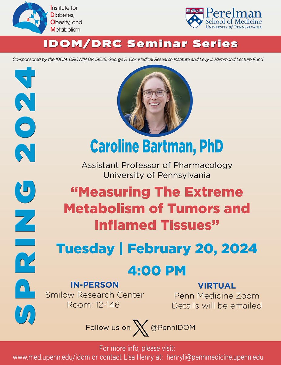 IDOM/DRC Seminar: 2/20/24 @4pm - Caroline Bartman, PhD @Caroline_Bartma - “Measuring The Extreme Metabolism of Tumors and Inflamed Tissues”
#IDOMSeminar