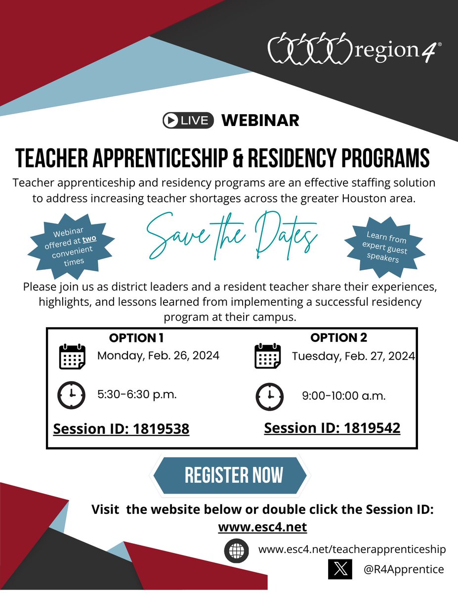 Join us for the Teacher Apprenticeship and Residency Programs Live Webinar next week! Learn how you can design and implement a paid residency program in your district. <a href="/Region4ESC/">Region 4 ESC</a> <a href="/R4Apprentice/">Region 4 Teacher Apprenticeship</a> <a href="/R4Leaders/">Region 4 Leaders</a>