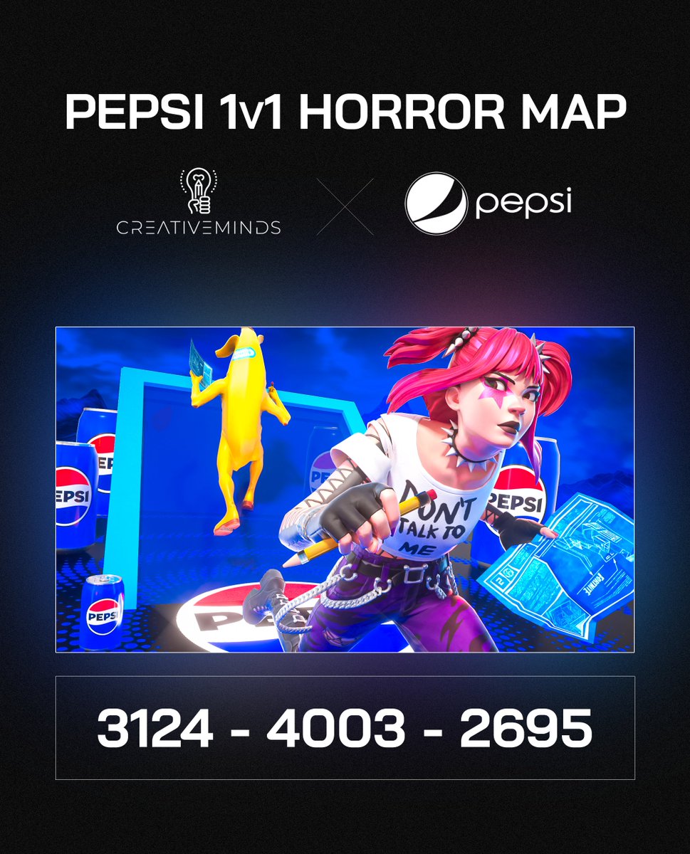 Official Pepsi Fortnite map has just launched!

Play now! 3124-4003-2695

🔹Horror theme
🔹Custom Pepsi mechanic
🔹Fastest respawns &amp; no delay

#UEFN #Pepsi #CreatedinFortnite
