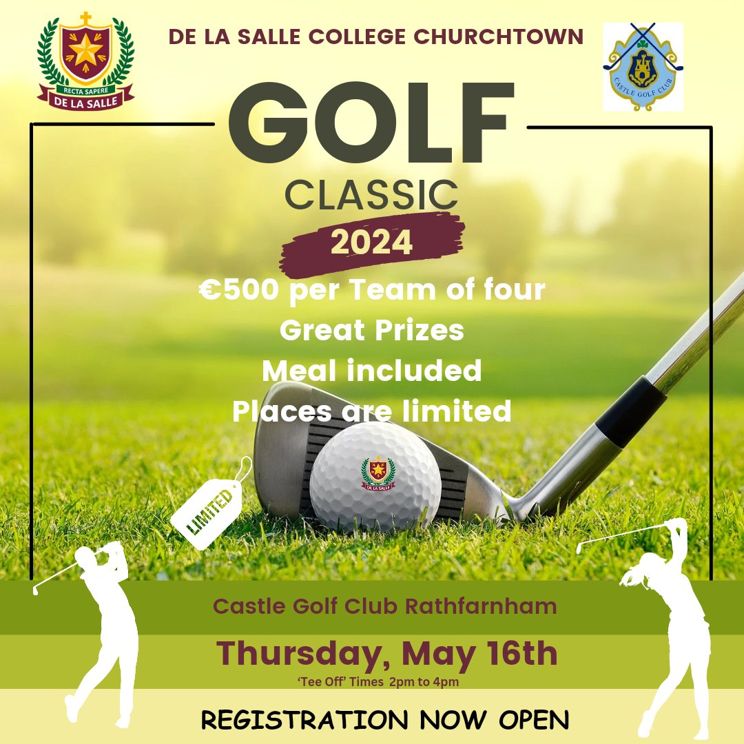 The De La Salle College Golf Classic takes place in Castle GC Rathfarnham on Thursday, May 16th.
Complete the form to register your interest in taking part. #WeAreSalle 
forms.gle/vTKMM58TVHnzEy…
Many Thanks