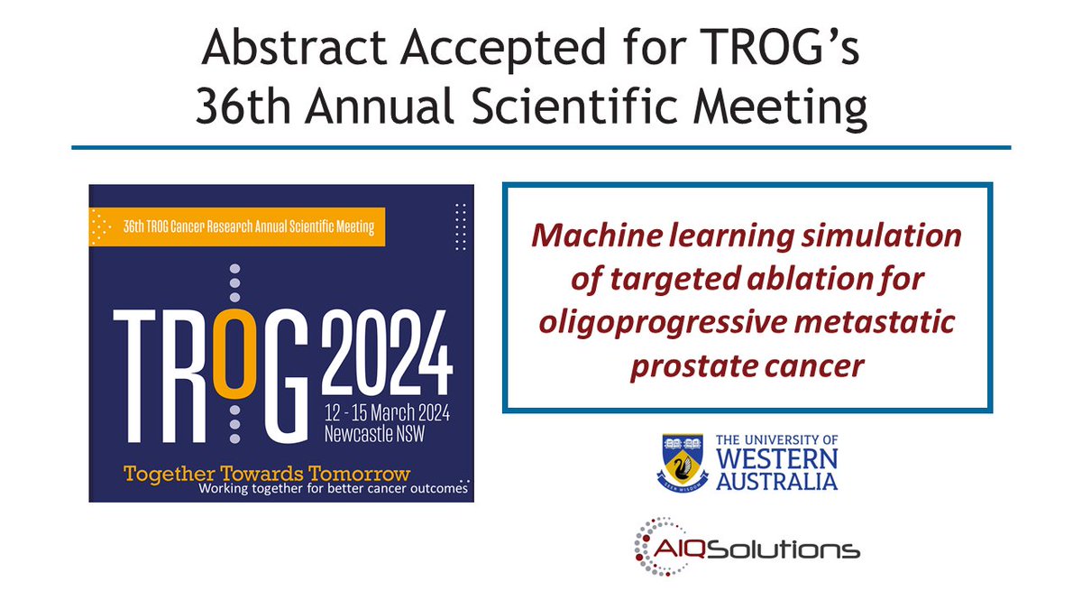 Congratulations to @MikaelaDellOro at The University of Western Australia and @TimothyGPerk, AIQ's VP of Research. Our latest collaboration was accepted as an abstract in the upcoming #TROG 2024 ASM. Click here to learn more about AIQ's technologies: aiq-solutions.com.