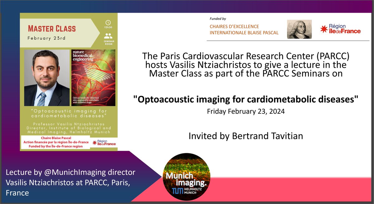 Invited by Bertrand Tavitian, in the frame of the Chaire Blaise Pascal @MunichImaging director, Vasilis Ntziachristos will give a lecture in the @parcc_inserm Seminar about “#Optoacoustic #imaging for cardiometabolic diseases“ Feb 23, 2024 parcc.inserm.fr/index.php/even…