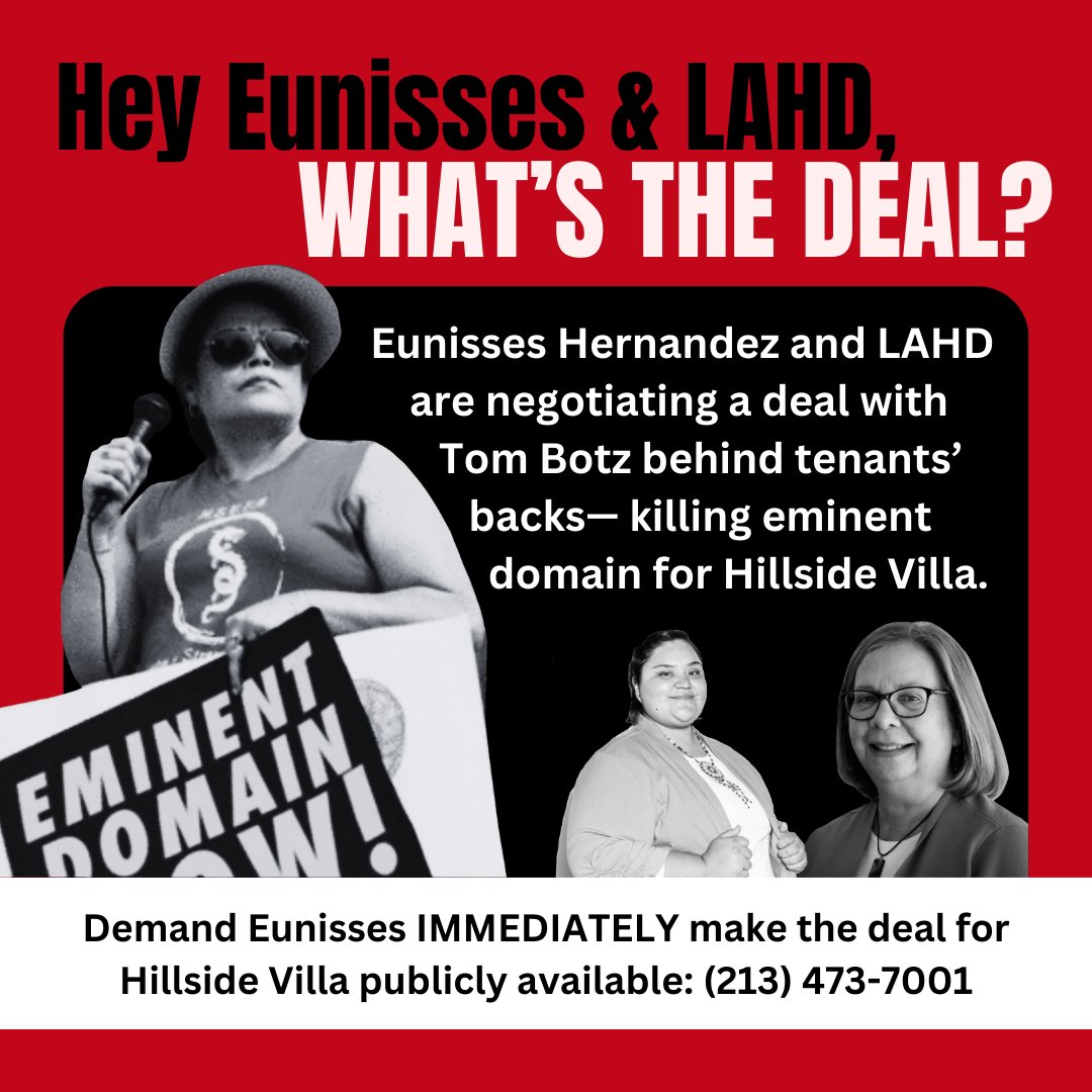 Hillside Villa Tenants Association (@hillside_villa) on Twitter photo We need your help! The city is trying to kill our demands for eminent domain and push some deal with the landlord that will NOT solve our problem.
Please call <a href="/EunissesH/">Eunisses Hernandez</a> right now and demand that they publicly release the deal they are finalizing with Botz: (213) 473-7001 We need your help! The city is trying to kill our demands for eminent domain and push some deal with the landlord that will NOT solve our problem.
Please call <a href="/EunissesH/">Eunisses Hernandez</a> right now and demand that they publicly release the deal they are finalizing with Botz: (213) 473-7001