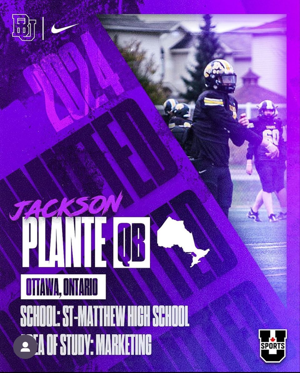 GaitersHC's tweet photo. Excited to announce that QB Jackson Plante, who was named 1st Team All-Ontario, has chosen to continue his Academic and athletic journey with Bishop's Gaiters 🏈. He will be pursuing a degree in Marketing #BleedPurple 🐊🐊🐊 https://t.co/P5JS7q9mvj