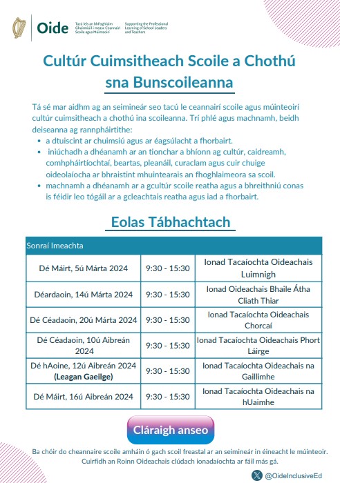 Oide Primary Inclusive Education (@oideinclusiveed) on Twitter photo Tá clárú oscailte anois dár seimineár "Cultúr Cuimsitheach Scoile a Chothú sna Bunscoileanna". Tabhair cuairt ar Oide.ie chun áit do do scoil a chur in áirithe. <a href="/oide_Ireland/">Oide Schools' Support Service, Ireland</a> Tá clárú oscailte anois dár seimineár "Cultúr Cuimsitheach Scoile a Chothú sna Bunscoileanna". Tabhair cuairt ar Oide.ie chun áit do do scoil a chur in áirithe. <a href="/oide_Ireland/">Oide Schools' Support Service, Ireland</a>
