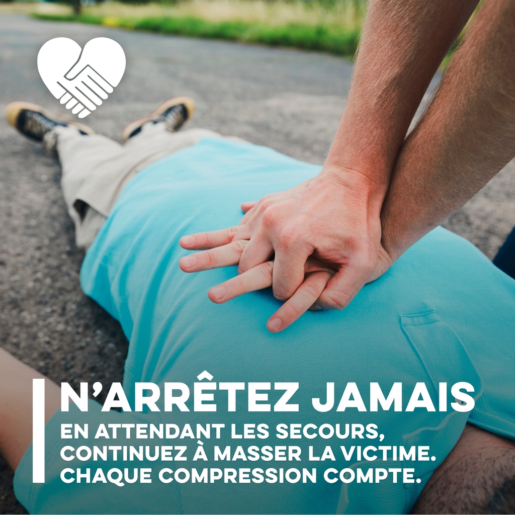 🚨 Ne jamais cesser d'agir ! En cas d'arrêt cardiaque, chaque seconde compte. En attendant les secours, continuez à masser la victime. Chaque compression augmente les chances de sauver une vie. 💪 #JePeuxSauverUneVie