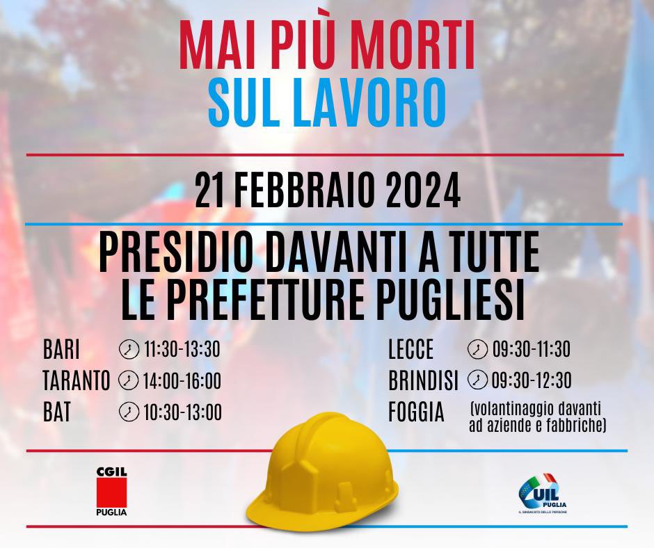 Dopo il #cordoglio passiamo ai #fatti. 

<a href="/cgilpuglia/">CGIL Puglia</a> 
<a href="/uilpuglia/">UIL Puglia</a> 
<a href="/cgilnazionale/">CGIL Nazionale</a>