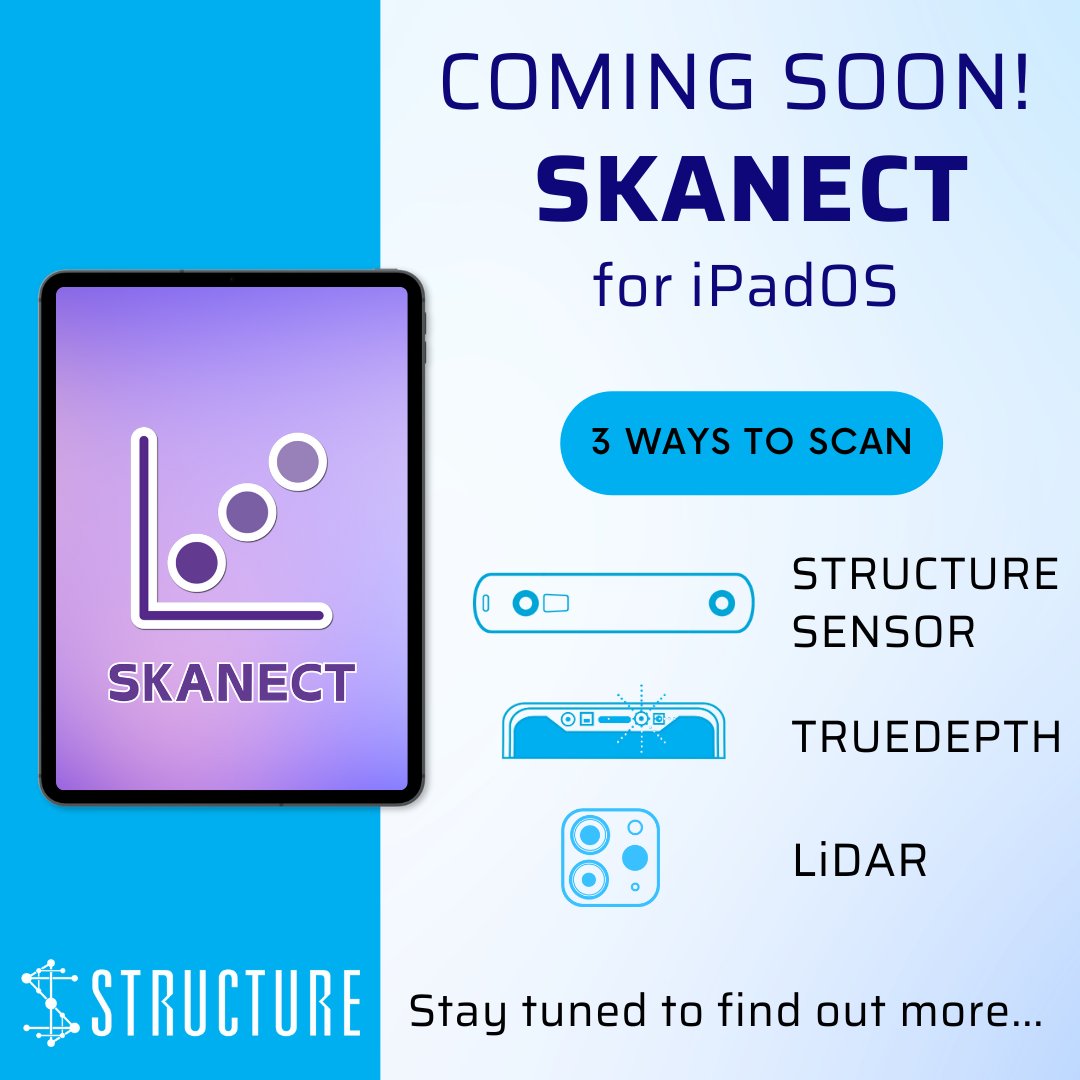 structure's tweet image. 🚀 Exciting News for Creators! 🚀
✨Introducing Skanect for iPad – harnessing the power of iPad&apos;s LiDAR sensor, TrueDepth camera, and Structure Sensor to create stunning scans. 
Stay tuned for the official release, and discover how to unlock a FREE Skanect trial for iPad!