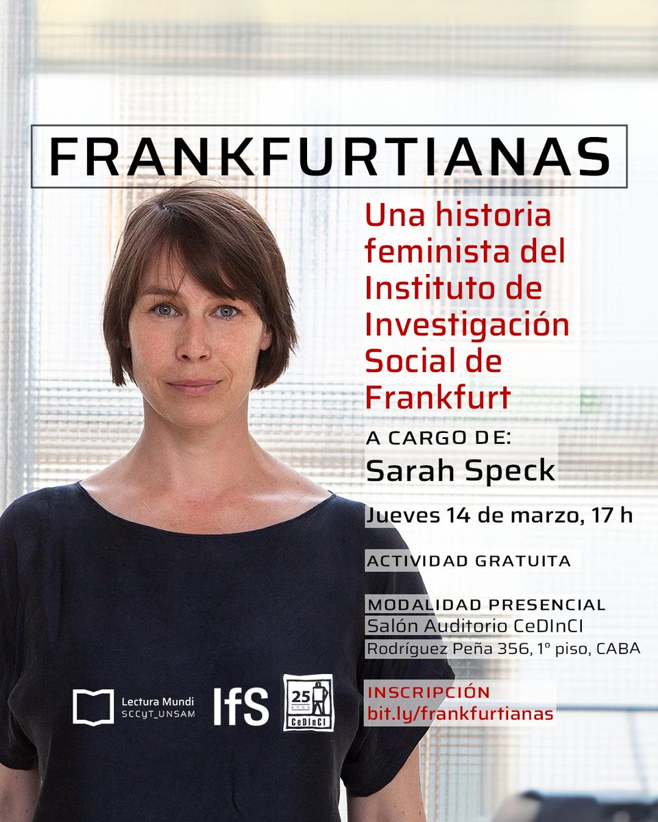 🇩🇪 ¡Vuelve el ciclo Frankfurtianas, avalado por el <a href="/IfSFrankfurt/">IfS Frankfurt</a>! En la primera conferencia del año, la co-directora de su Consejo de Investigación, Sarah Speck, recuperará los aportes de las intelectuales que formaron parte de su historia.
Inscripción: bit.ly/frankfurtianas
