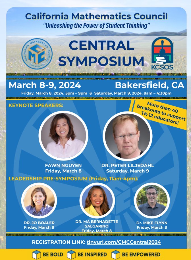 🌟 Ready to unleash the power of student thinking? Join us at the CMC Central Symposium! youtu.be/YmUotujQP30?si… 
📅 Save the Date: March 8-9
📍 Location: Bakersfield, CA
🔗 Explore our exciting program and reserve your spot!
tinyurl.com/CMCCentral24
#cmcmath