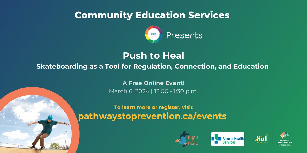 PathwaysCentre_'s tweet photo. Community Education Services presents Push to Heal: Skateboarding as a Tool for Regulation, Connection &amp; Education. This is a free online event about our program and the therapeutic benefits of skateboarding! Join us March 6! Learn more @ https://t.co/WrpazLz8we https://t.co/CZXkRxokEW
