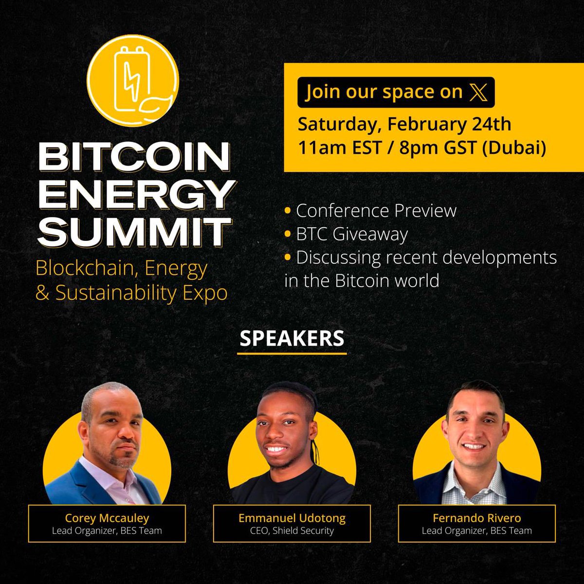 🔋⚡️ The future of Bitcoin looks brighter than ever! Join our @X Space this weekend to ramp up for the Bitcoin Energy Summit We're giving away free BTC and conference tickets valued over $400 🎟️💰 🗓️ Saturday, Feb 24th ⏰ 11 AM EST / 8 PM GST 📍 Set reminder 👉