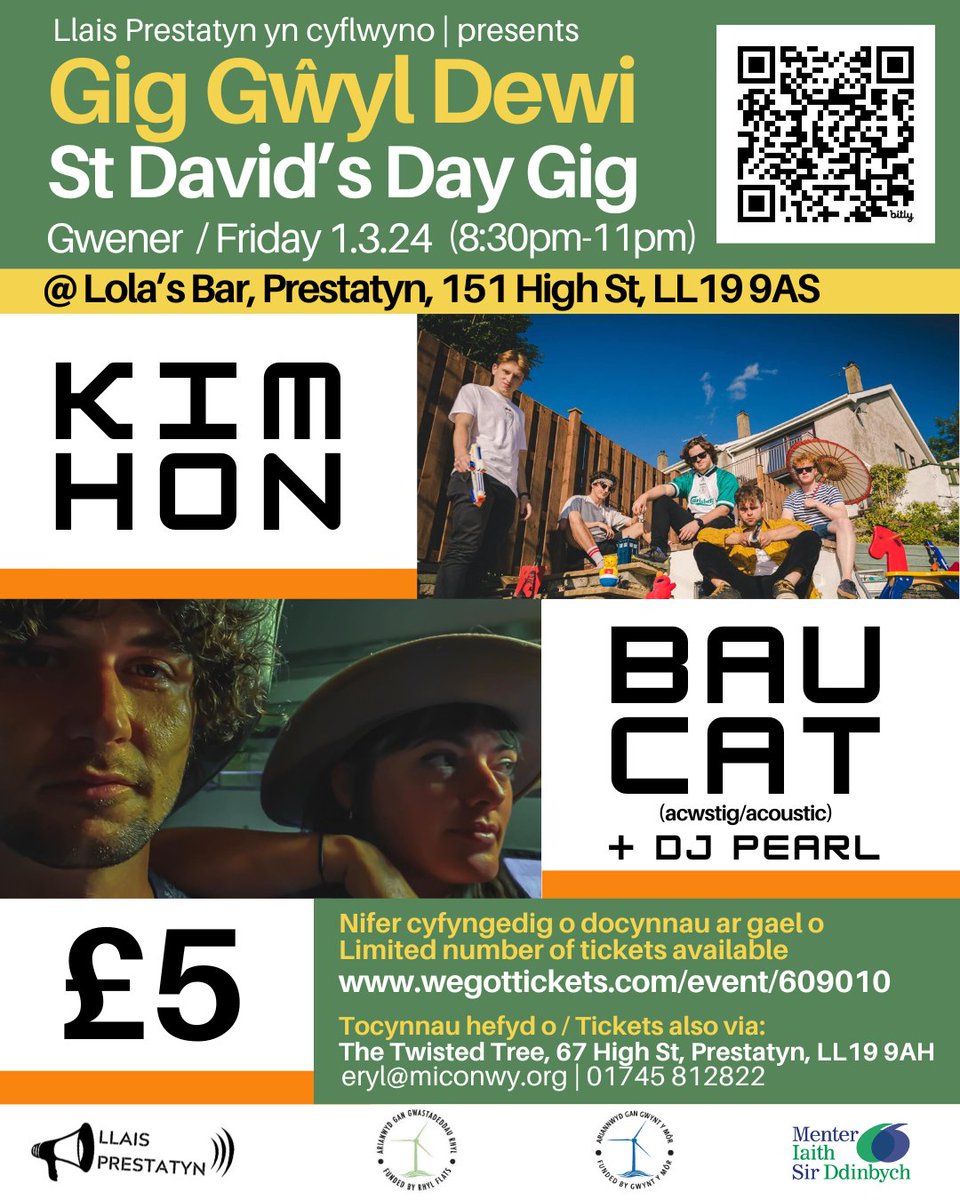 👀Llai na pythefnos i fynd tan gig gyfoes dwyieithog 1af #Prestatyn ers oes pys! Y band psych-roc gwych @KIMHON420 a country-blues Bau Cat o'r Rhyl 🤩 Bachwch docyn: wegottickets.com/event/609010 neu eryl@miconwy.org neu siop Twisted Tree @TomiCaws @neilcrud66 @adamwalton @RhysMwyn