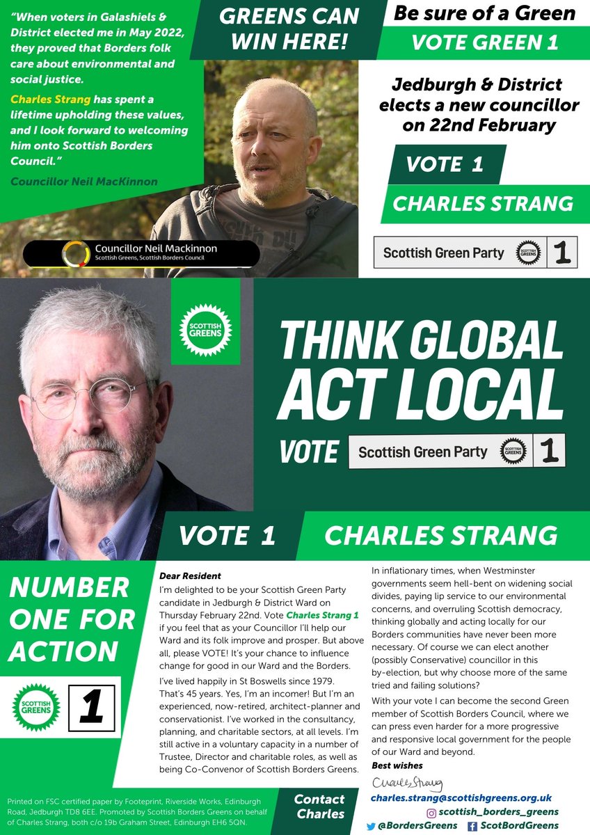 BordersGreens's tweet photo. π³οΈ It's time (on Thursday) to vote in the Jedburgh & District by-election.
π It's time to Think Global and Act Local.
π½ It's time to Vote Charles Strang 1οΈβ£ - @scottishgreens ππ½
#GreensCanWinHere
#ThinkGlobalActLocal
#ActiveSGP https://t.co/AxcNBU0weL